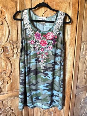 Savanna Jane camo embroidered midi dress.